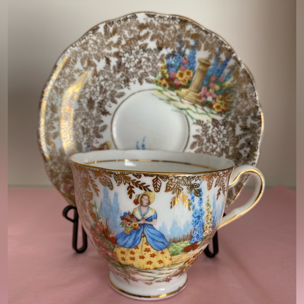 Vtg Colclough Fine Bone China Teacup and Saucer in the “Crinoline Lady” Pattern